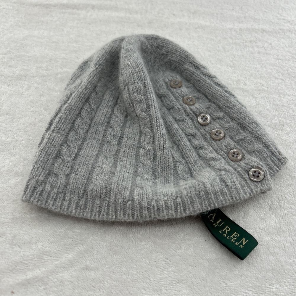 Lauren Ralph Lauren Beanie Hat Ladies Gray Wool Blend Cable Knit Lined Chunky